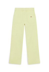 Vaaleankeltaiset verkkosaatin lahkeet, joissa on korkea vyötärö, kahdella takataskulla ja sivutaskulla. Mukana logon brodeeraus.