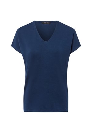 Dunkelblaues V-Ausschnitt-T-Shirt mit kurzen Ärmeln, strukturiertem Stoff, lockerer Passform und dezentem Muster. Markenetikett 'Olsen' am Ausschnitt.