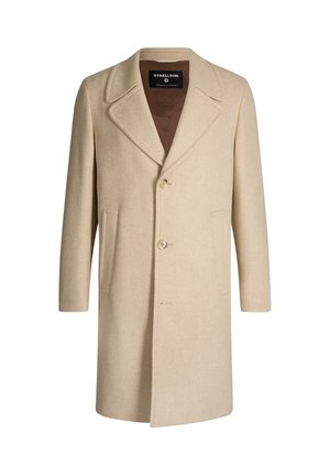 Beige wollen jas met een uitgesneden revers, twee knopen en twee voorkruiden. Glad textuur en een op maat gemaakte, rechte silhouet.