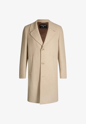 Cappotto in lana beige con rever a punta, chiusura a due bottoni e due tasche anteriori. Tessuto morbido e silhouette dritta e su misura.