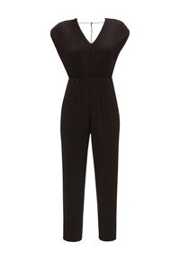 Zwarte jumpsuit met een V-hals, brede mouwen en elastische tailleband. De stof heeft een structuurafwerking met een soepele val en taps toelopende benen.