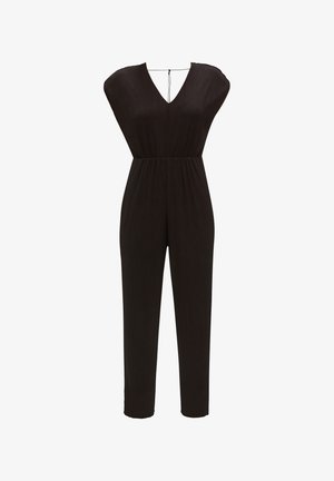 Melna kombinezona ar V veida kakla izgriezumu, platām piedurknēm un elastīgu vidukli. Audums ir ar teksturētu apdari, kas labi krīt un ar šaurām kājiņām.