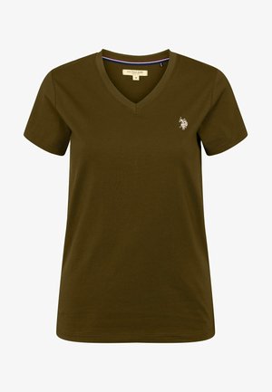 Oliwkowa koszulka V-neck z krótkim rękawem wykonana z bawełny. Posiada małe, białe, haftowane logo na lewej piersi. Prosty design.