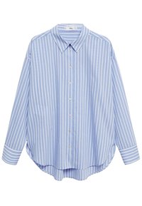 Light blue button-up shirt with white vertical stripes, long sleeves, a collar, and a curved hem. Made from a smooth, lightweight fabric.