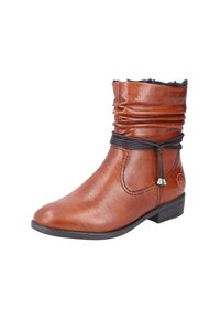 Braune Lederknöchelstiefel mit einem schlaffen Design, schwarzem Schnurende und kleinen metallischen Details. Verfügt über einen niedrigen, gestapelten Absatz.