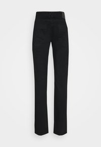 Pantaloni negri cu un design drept. Au un brâu elastic, două buzunare la spate și o textură netedă.