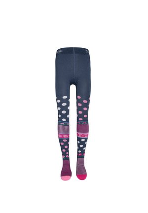 Marineblaue Strumpfhosen mit Punkten, Streifen und Blumenmustern. Sie verfügen über einen einfarbigen Bund und verschiedene pinke Akzente entlang der Beine.
