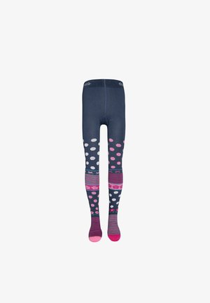 Marineblaue Strumpfhosen mit Punkten, Streifen und Blumenmustern. Sie verfügen über einen einfarbigen Bund und verschiedene pinke Akzente entlang der Beine.