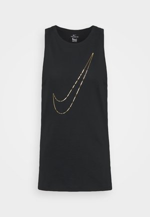 Czarna bezrękawnikowa koszulka Nike z dużym, złotym, odblaskowym logo Swoosh na środku przodu.