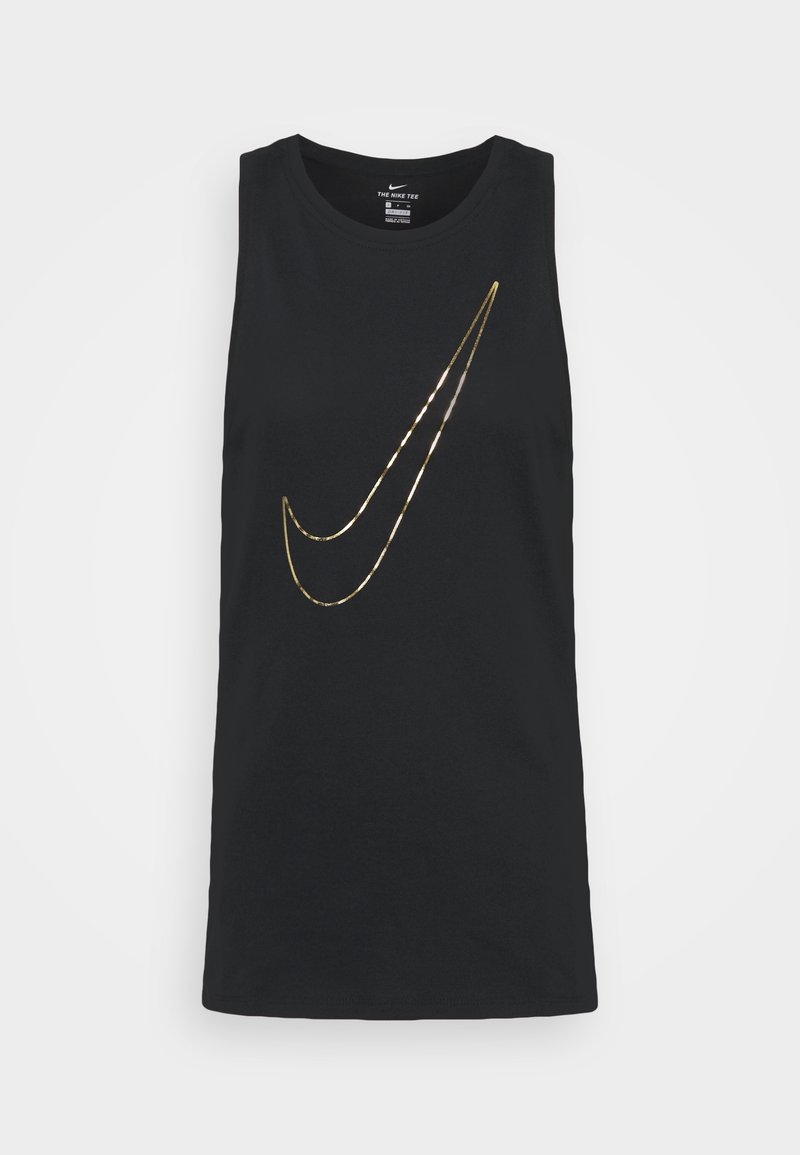 Débardeur Nike noir avec grand logo Swoosh réfléchissant doré centré sur le devant.