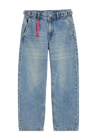 Hele sinine teksapüksid laia säärega, millel on roosa punutud pael ja neli taskut. Viimistluseks on kontrastne õmblus.