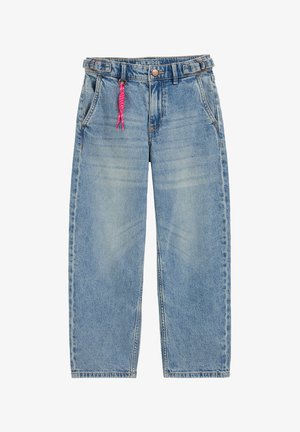 Šviesiai mėlynos spalvos džinsai iš džinso audinio su plačiomis kelnėmis, su rožiniu pynimo raišteliu ir keturiomis kišenėmis. Baigiamasis apdailos elementas – kontrastiniai siūlai.