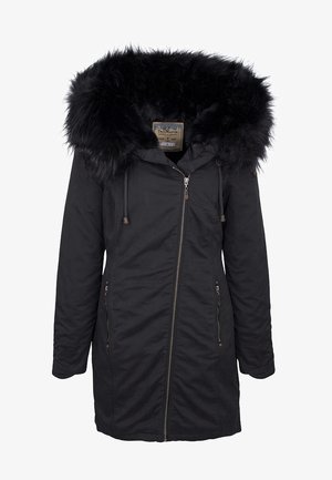 Manteau d'hiver long noir avec grande capuche bordée de fourrure, fermeture éclair frontale et poches latérales zippées.