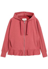 Hoodie rouge zippé avec un ourlet volants, doté d'une capuche et de manches longues. Fabriqué en tissu doux avec des cordons de serrage portant l'inscription "DOWNTIME."