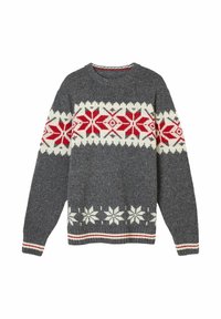 Grauer gestrickter Pullover mit roten und weißen nordischen Schneeflockenmusterungen über der Brust, den Ärmeln und dem Saum, mit gerippten Bündchen und Halsauschnitt.