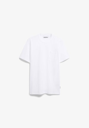 Weißes T-Shirt mit kurzen Ärmeln aus glattem Baumwollstoff. Verfügt über einen runden Halsausschnitt und eine kleine Brusttasche. Reguläre Passform mit geradem Saum.