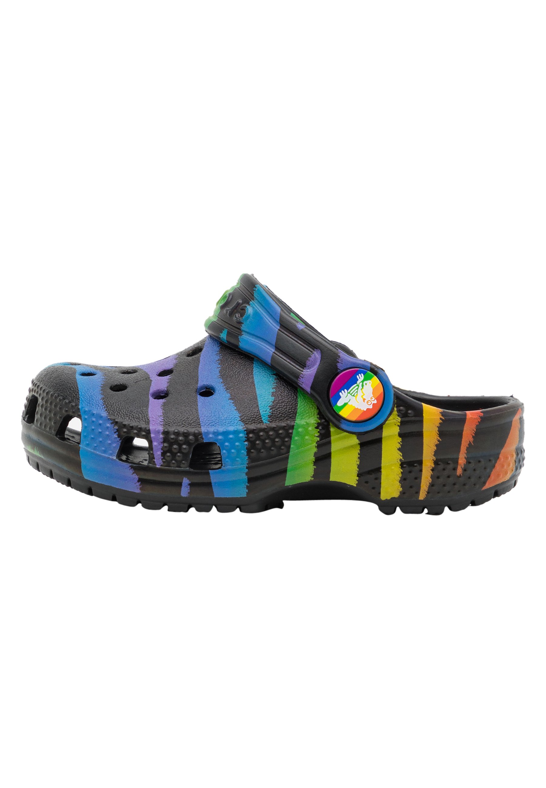 black and rainbow crocs