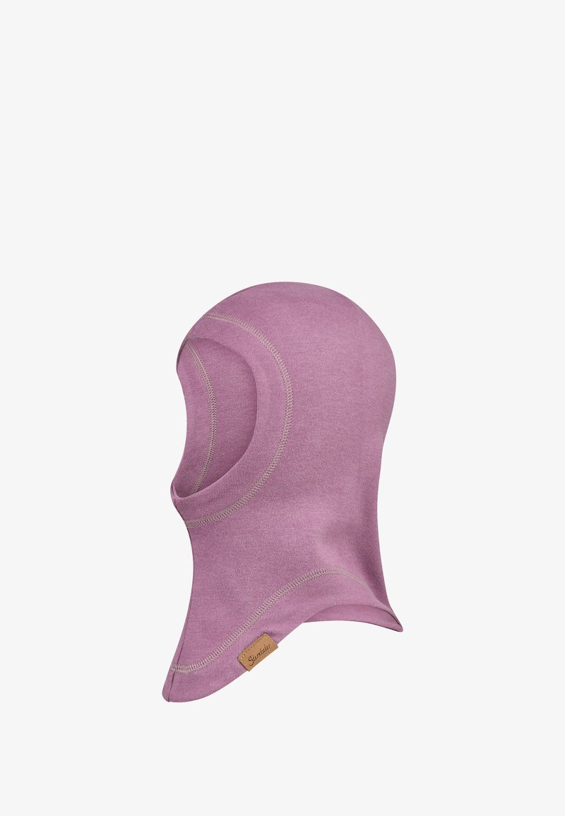 Dehnbare, weiche, rosa Balaclava aus einer Baumwollmischung. Verfügt über glatte Nähte und ein kleines Lederlogo-Tag am unteren Rand.