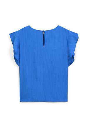 Blusa blu a maniche corte con sottile texture verticale, maniche a svolazzare e chiusura posteriore con piccolo bottone a chiave.