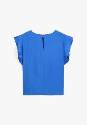 Blusa blu a maniche corte con sottile texture verticale, maniche a svolazzare e chiusura posteriore con piccolo bottone a chiave.
