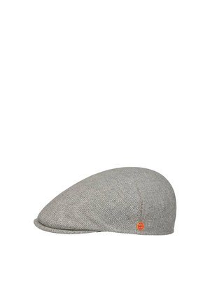 Gray textured flat cap with a small round orange emblem on the side, set against a white background.
