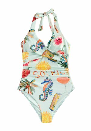 Hellblauer Neckholder-Badeanzug mit bunten Mosaikmustern von Seepferdchen, Sonne, Palmen, Blumen und dem Text "Soleil".