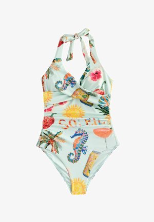 Maillot de bain bleu clair à col halter avec des motifs mosaïques colorés de hippocampes, soleil, palmiers, fleurs, et texte indiquant "Soleil".
