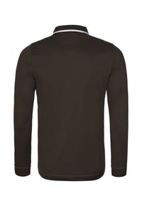 Czarnobrązowa polo z długim rękawem i białą lamówką przy kołnierzy, pokazana z tyłu, prosta konstrukcja, bez widocznych wzorów czy logo.