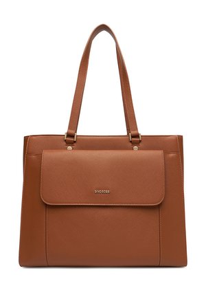 Braune Ledertasche mit langen Griffen und einer vorderen Klapptasche mit kleinem metallischem Logo.