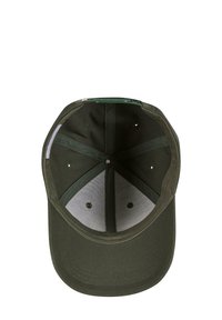 Olivenfarget baseballcap sett fra oven, med en solid design, foret innredning, sømdetaljer og ventilasjonshull.