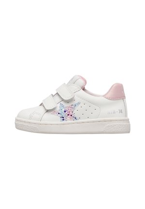 White children's sneaker with pink heel tab, two velcro straps, and a glittery purple and pink star on the side.