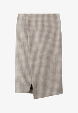 Beige and white checkered midi skirt with an asymmetrical front slit and straight cut.