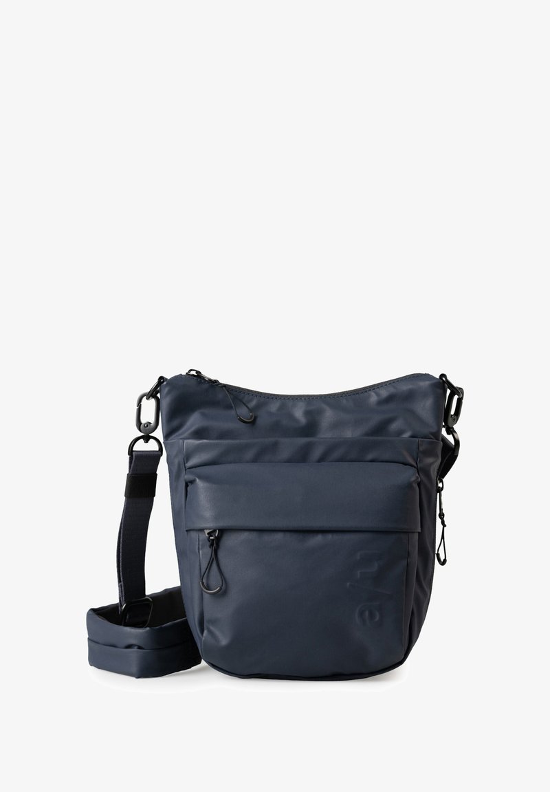 Navy blue crossbody bag made from durable material, featuring a zippered top, front pocket, adjustable strap, and minimal hardware.