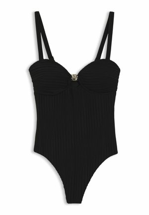 Schwarzer Einteiler mit strukturierten vertikalen Falten, Unterlegung mit Bügel-Cups, doppelte Schulterträger und kleiner metallischer Zierverschluss in der Mitte.
