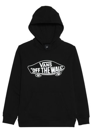Schwarzer Vans Hoodie mit vorderer Kängurutasche und weißem "Vans Off The Wall"-Logo in Form eines Skateboards auf der Brust.