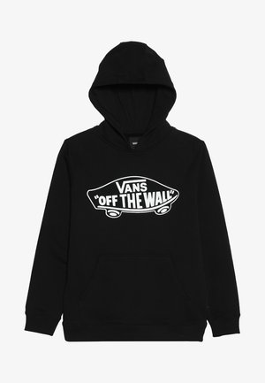 Sweat à capuche Vans noir avec poche kangourou à l'avant et logo blanc "Vans Off The Wall" en forme de skateboard sur la poitrine.