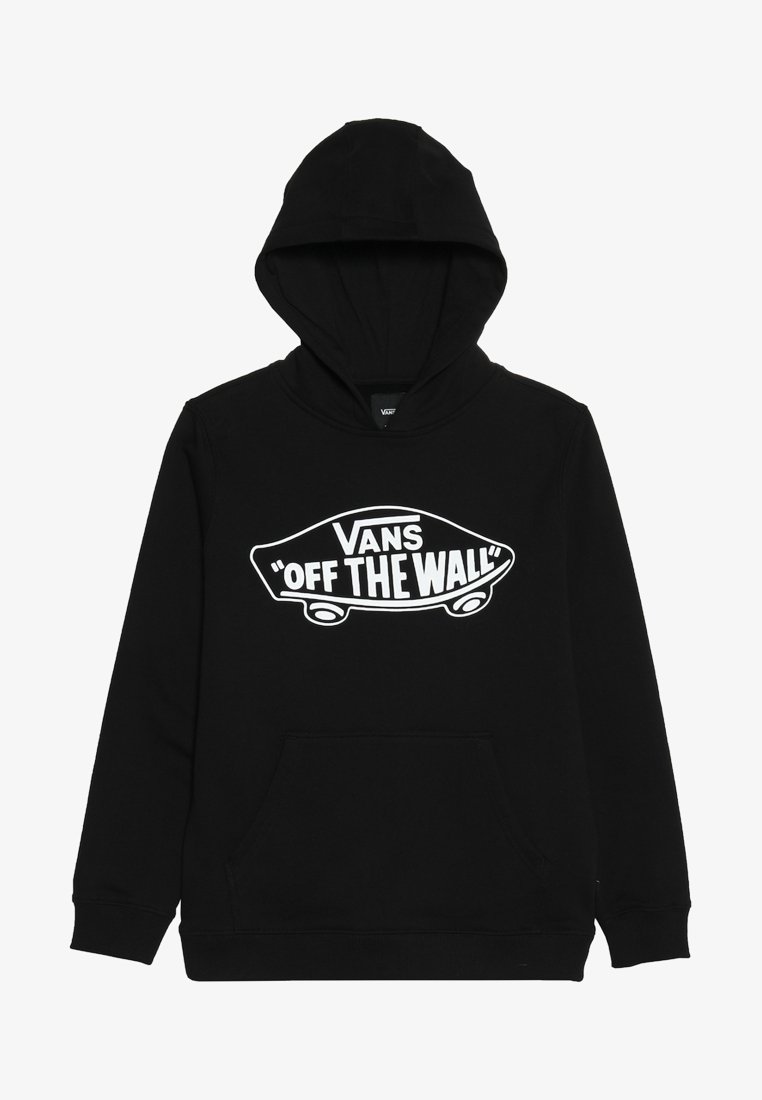 Sweat à capuche Vans noir avec poche kangourou à l'avant et logo blanc "Vans Off The Wall" en forme de skateboard sur la poitrine.