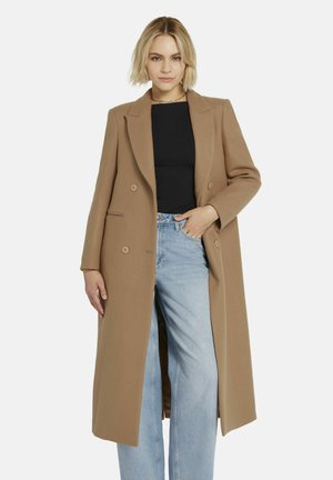Lange, camel-kleurige wollen jas met een op maat gemaakte design. Heeft dubbele knopen, een notch revers en zijzakken. Geweven stof.