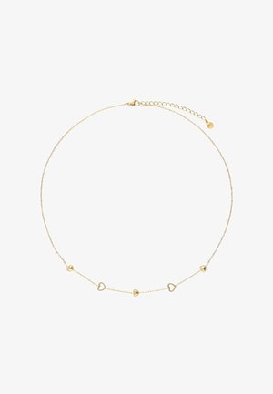 Collana delicata in catena d'oro con ciondoli a forma di cuore alternati, pieni e vuoti, e una chiusura regolabile.