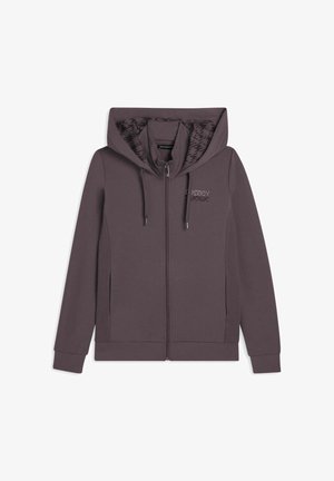 Sweat à capuche zippé violet foncé avec cordons de serrage, poches latérales et doublure subtilement imprimée à l'intérieur de la capuche.