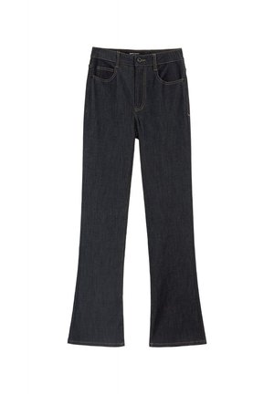 Dark blue denim flared jeans featuring a mid-rise waistband, five pockets, and contrasting yellow stitching along the seams.