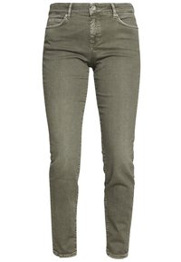 Oliwkowe dżinsy w odcieniu slim fit, z zapięciem na zamek błyskawiczny, kieszeniami z przodu i subtelnymi detalami w szyciu. Brak widocznych dużych akcentów lub wzorów.