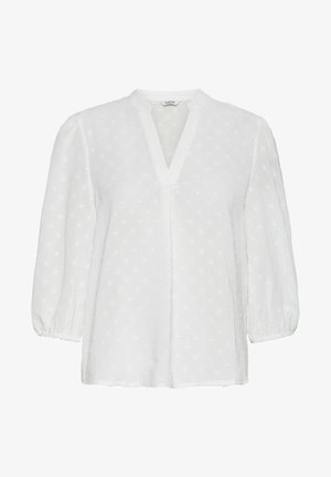 Weißes Blusenshirt mit V-Ausschnitt, Puffärmeln und einem strukturierten Stoff mit erhabenen Punkten. Lockerer Schnitt mit geradem Saum.