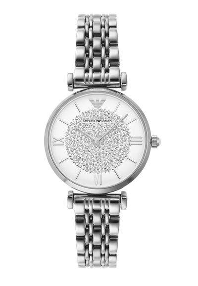 Silberne Emporio Armani Armbanduhr mit kristallbesetztem Zifferblatt, silbernen römischen Ziffern und verbundenem Metallarmband.