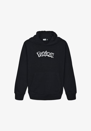 Czarna bluza z kapturem, wykonana z bawełny, z przednią kieszenią i białym logiem "Pokémon" umieszczonym na środku klatki piersiowej.