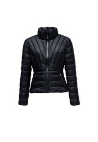 Schwarze gesteppte Damenjacke mit hohem Kragen, Reißverschluss vorne und seitlichen Reißverschlusstaschen, mit Chevron-Steppung auf der Brust.