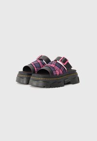 Sandali platform neri con tomaia in tessuto a quadri nei toni del viola e del rosa, dotati di una robusta suola in gomma e dettaglio della fibbia rosa.