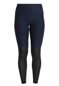 Granatowe legginsy sportowe z wysokim stanem, z czarnymi siateczkowymi dolnymi sekcjami i detalami szwów, które dodają struktury.