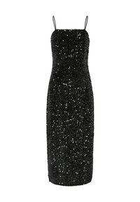 Crna midi haljina sa šljokicama, tankim naramenicama, uskim krojem i ravnim dekolteom. Ima teksturiranu, sjajnu površinu.