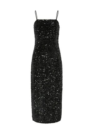 Vestido midi negro con lentejuelas, de tirantes finos, corte ajustado y escote recto. Presenta una superficie texturizada y brillante.